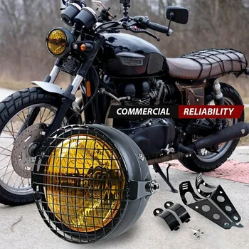 Универсальное боковое крепление для ретро-винтажного мотоцикла мощностью 35 Вт, 6,5-дюймовая янтарная фара Café Racer с решеткой радиатора + комплект кронштейнов