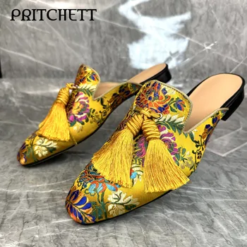 Красочные тапочки с золотой вышивкой и кисточками, круглый носок, квадратный корень, Низкий каблук, Тапочки Baotou Muller, роскошная повседневная модная мужская обувь
