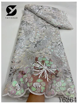 Кружевная ткань с пайетками в нигерийском стиле, кружевная ткань с ручным бисером, роскошная французская 3D цветочная вышивка, свадьба, Y6264, 2023