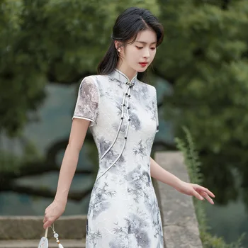 Yourqipao Лето 2023 Чернильное Кружевное Чонсам Двухслойное Свежее Сладкое Элегантное Вечернее Платье Aodai Qipao в Китайском Стиле для Женщин