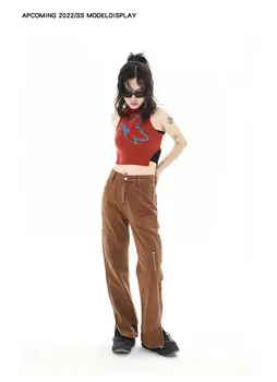 y2k Коричневые женские джинсы с высокой талией, винтажные прямые мешковатые джинсовые брюки, уличная одежда, Дизайн на молнии, Модные широкие джинсовые брюки
