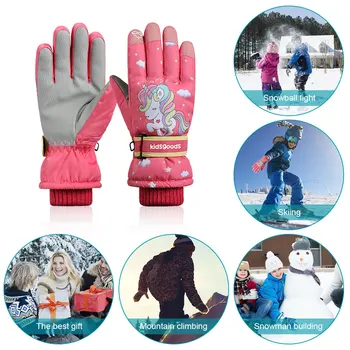 Детские теплые перчатки Водонепроницаемые зимние перчатки для сноуборда с противоскользящим покрытием Мультяшные теплые варежки, регулируемые для альпинистской поездки