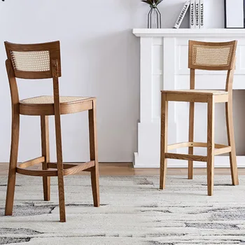 Мебель для ресторана, современные обеденные стулья в скандинавском стиле, Высокие табуреты из массива дерева, кухонные креативные барные стулья из ротанга, высокие ножки и спинка