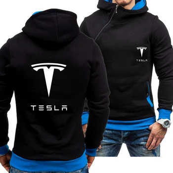 Новая демисезонная мужская повседневная толстовка с логотипом автомобиля Tesla на косой молнии с длинным рукавом, модная толстовка с капюшоном на молнии, куртка, 4 цвета