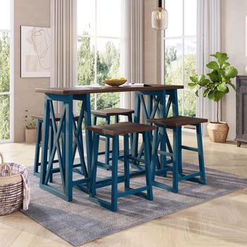 Обеденный набор из 5 предметов, деревянный консольный стол с 4 табуретками, Прочный, легко собирается для кухонной ресторанной мебели