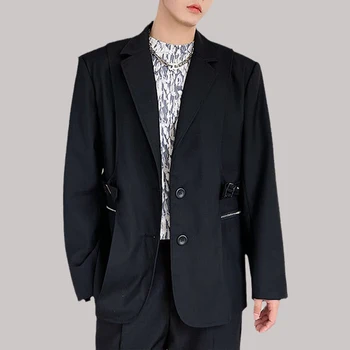 Мужской блейзер однотонного цвета С лацканами, длинным рукавом и двумя пуговицами, Уличная одежда в стиле пэчворк, Корейская Повседневная Одежда, Тонкие пальто, Черные костюмы