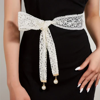 Белый кружевной пояс с жемчужной подвеской женское новое элегантное платье с бантом на талии, поясные украшения, универсальный простой длинный пояс