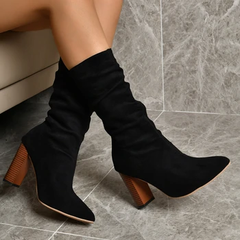 Зимние женские ботинки до середины икры, модные западные сапоги на толстом каблуке с острым носком, сексуальные слипоны для женской обуви