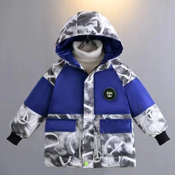 Пуховик для мальчиков, куртка, хлопковая верхняя одежда, ветрозащита 2023, Привлекательная зимняя теплая лыжная одежда из плотного бархата, детская одежда