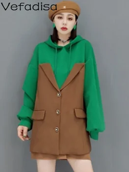 Vefadisa / Новый женский свободный повседневный пуловер, толстовка с капюшоном, зеленый 2023, осенний тренд, сшитая поддельная толстовка из двух частей TT594