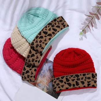 Женская теплая шапочка-бини с леопардовым принтом, эластичная вязаная шапка, уличная шапка для пары, осенне-зимняя шерстяная шапка, мода