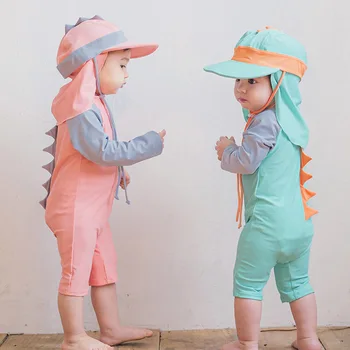 Пляжная одежда с мультяшным динозавром, цельный купальник для маленьких девочек, купальный костюм для маленьких девочек, комплект из двух предметов