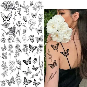 Наклейка с татуировкой в виде эскиза цветка, наклейка с татуировкой в виде эскиза, бумажная роза, черно-белая наклейка с татуировкой в виде цветка