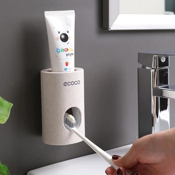 Автоматический держатель для дозатора зубной пасты пшеничного цвета ECOCO, Набор аксессуаров для ванной комнаты, Держатель для зубной щетки, Настенная подставка для зубных щеток