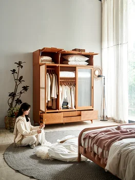 Скандинавский шкаф из массива дерева, бытовой шкаф для хранения большой емкости, раздвижная дверь, стеклянный трехдверный шкаф