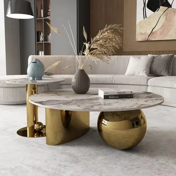 Мебель для гостиной Европейского современного дизайна Золотой Круглый журнальный столик из черного мрамора с ножками из нержавеющей стали