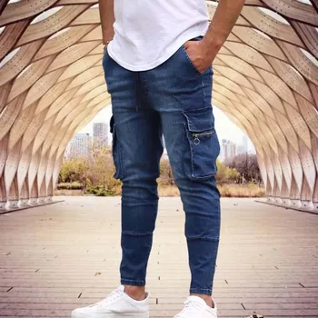 2023 Новые мужские облегающие джинсы-стрейч, повседневные модные джинсовые брюки с несколькими карманами, повседневные мужские джинсы, уличные рабочие брюки в стиле хип-хоп