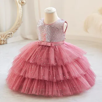Платье принцессы для девочек, новое детское газовое платье для торта без рукавов с блестками, праздничное вечернее платье для банкета для маленьких девочек на день рождения