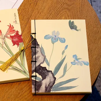 Записная книжка в китайском стиле, антикварные цветочные растения, кисточка, Горизонтальная линия, дневник, блокнот, Школьные канцелярские принадлежности, Подарок