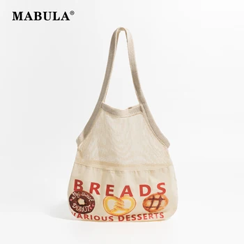 Женская сумка на плечо из холста MABULA, связанная крючком хлопчатобумажной нитью, открытая сумочка для пляжного отдыха, легкий кошелек с рисунком хлеба.