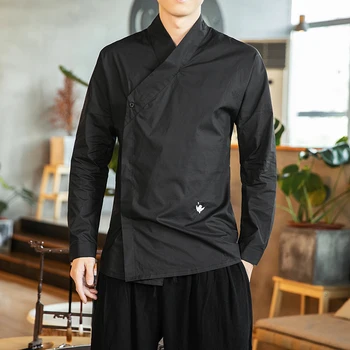 Восточные рубашки для мужчин, мужская рубашка в китайском стиле Hanfu, уличная одежда из хлопка и льна, мужские рубашки, повседневная белая рубашка, мужской шинуазри