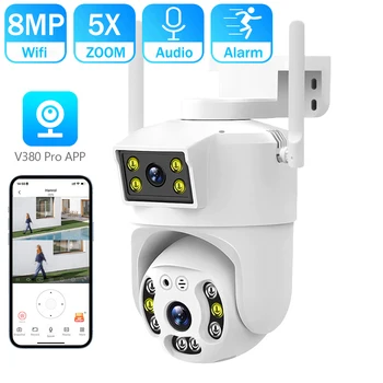 8MP 4K Двухобъективная Wifi PTZ-Камера Smart Home Ночного Видения С Двойным Экраном На открытом воздухе 6MP Защита Безопасности CCTV IP-Камера V380 Pro APP