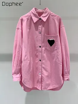 Персиково-розовая свободная молодежная джинсовая куртка, Женская весенняя новинка 2023, однобортная рубашка с длинным рукавом с воротником поло