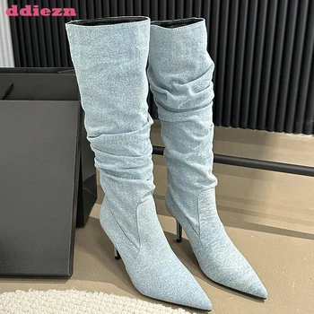 2023 Новые женские туфли-лодочки, современные сапоги до колена, женская обувь, роскошные осенние джинсовые сапоги в западном стиле на высоком каблуке с острым носком