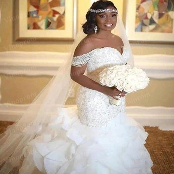 Роскошные Элегантные свадебные платья в стиле Африканской русалки 2023 г. Оборки с открытыми плечами, жемчуг, свадебные платья на шнуровке сзади, Свадебные платья