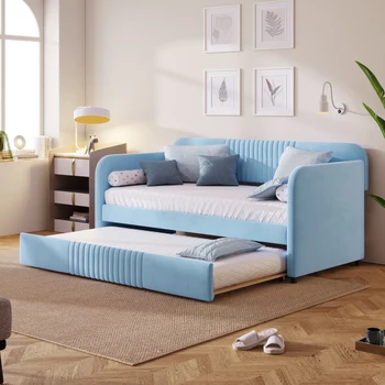 Элегантный и современный диван-кровать с мягкой кушеткой Twin Size С раскладушкой и деревянной рейкой, подходит для спален, светло-голубой