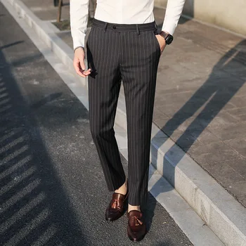 Роскошные брендовые мужские повседневные брюки в полоску, приталенные мужские эластичные брюки для костюма, офисные официальные деловые брюки, черный, серый, большой размер P15