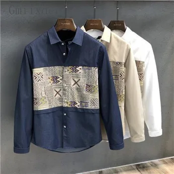 Gmiixder Весенне-осенние мужские рубашки Корейская элегантная блузка с длинными рукавами, Японские рубашки в стиле пэчворк, красивый повседневный топ с лацканами