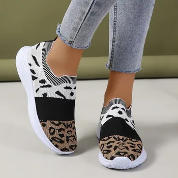 2023, женская обувь на плоской подошве с леопардовым принтом, повседневные кроссовки из дышащей сетки, комфортная нескользящая обувь для ходьбы, 42
