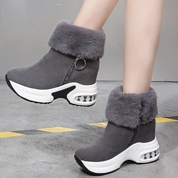 Обувь для женщин 2023, модные зимние плюшевые теплые женские ботинки, однотонная женская обувь из флока с круглым носком на молнии и высоком каблуке, водонепроницаемая обувь для женщин