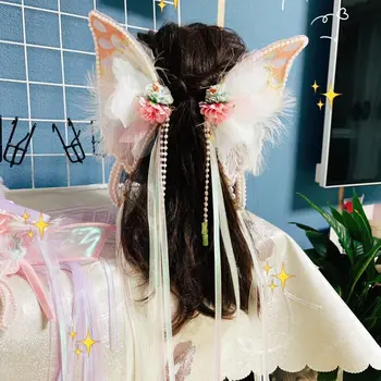 Женская большая заколка-бабочка с цветком из перьев и длинной лентой, аксессуары для волос Hanfu