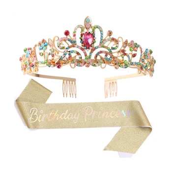 Корона принцессы для именинницы с поясом на день рождения для женщин, Праздничные принадлежности, Многоцветный + золотой
