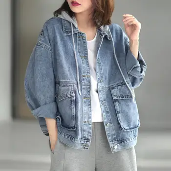 Корейская джинсовая куртка, женская весенняя новинка, повседневная, свободная, для похудения, оверсайз, Винтажные джинсовые пальто с капюшоном, женская однотонная джинсовая куртка, женская