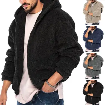 Повседневное мужское осенне-зимнее пальто из плотного двустороннего флиса, Однотонный капюшон, Свободные карманы на молнии, куртка с длинными рукавами, уличная одежда