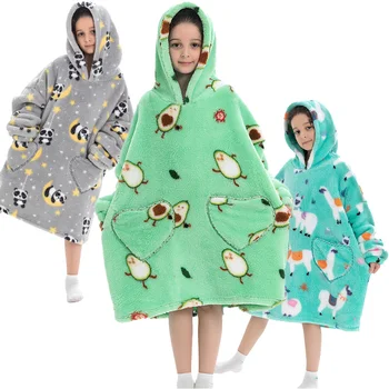 Толстовка с капюшоном для мальчиков и девочек, Плотные Фланелевые одеяла большого размера, пижамы, толстовка, Ленивый телевизор, Гигантское одеяло с теплым принтом