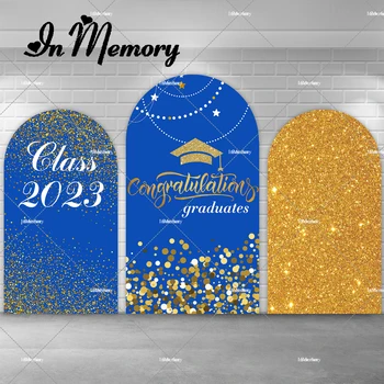Королевский синий С золотым блеском Фон для поздравления с выпускным на арке, обложка класса 2023 года, Холостяцкая шапочка, фон для фотосъемки Chiara