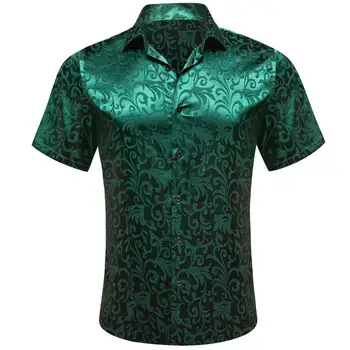 Роскошные летние рубашки с коротким рукавом для мужчин, крутые шелковые атласные мужские блузки с зеленым цветочным рисунком, повседневные топы с лацканами Barry Wang