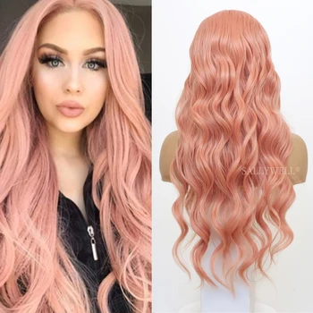 Розовые парики с кружевом Спереди, длинная объемная волна, Бесклеевой парик из натуральных термостойких волокон, предварительно выщипанный из детских волос