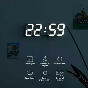 3D светодиодные цифровые будильники, настенный светильник, отображение времени / даты / температуры, повтор, Настольные часы для домашнего декора