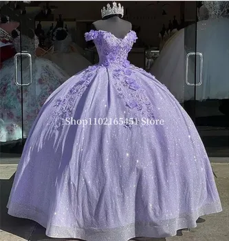 Лавандовые пышные платья, кружево с блестками, Sweet 16 С открытыми плечами, 3D Цветочная аппликация, бусины, Корсетное платье Vestidos De