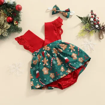 Рождественский комбинезон для маленьких девочек в клетку с принтом снежинки, рукав-мушка, V-образный вырез, пуговицы в промежности, комбинезон в форме платья