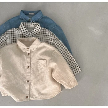 Детский Кардиган, хлопковая однотонная рубашка с длинным рукавом в Корейском Японском стиле, Весна-осень, Повседневная Свободная рубашка для маленьких девочек и мальчиков 2023 г.