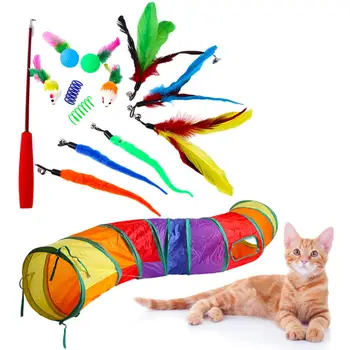 14 шт./ набор игрушек, туннельные разноцветные шарики, тизер из перьев мышей, игрушки-пружинки для кошечек, Обучающая игрушка для домашних животных