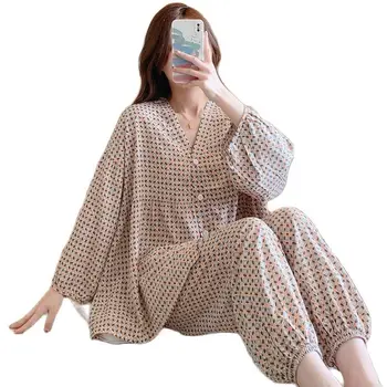 Летняя весенняя Японская пижама, хлопковый шелковый костюм с длинными рукавами, Тонкая повседневная домашняя одежда, комплекты для девочек, новые модные мягкие удобные