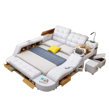 Каркас многофункциональной массажной кровати из натуральной кожи Nordic Tatami Camas Ultimate Bed Tech, умные кровати со светодиодной лампой Bluetooth Audio
