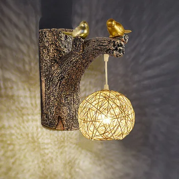 Креативная модель дерева из смолы и птиц со шнуром, подвесной светильник из ротанга, абажур для птичьего гнезда E27, светодиодные настенные светильники для спальни, прикроватная лампа